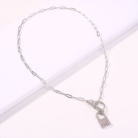 Arzonai New Creative Fashion Jewelry Alloy Lock Diamond Pendant Punk Style Word Buckle Necklace