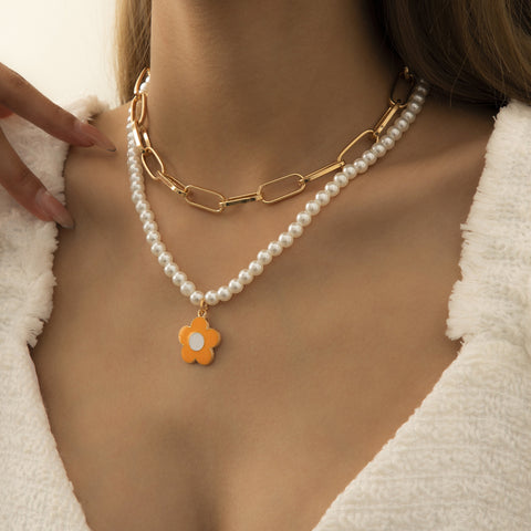 Arzonai ins simple multi-layered metal chain necklace, European and American retro pastoral color small flower imitation pearl necklace