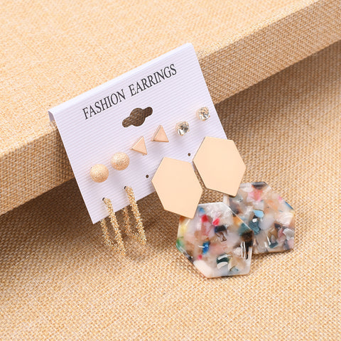Arzonai  popular alloy geometric acrylic acetate plate earrings set frosted diamond earrings 6-piece set
