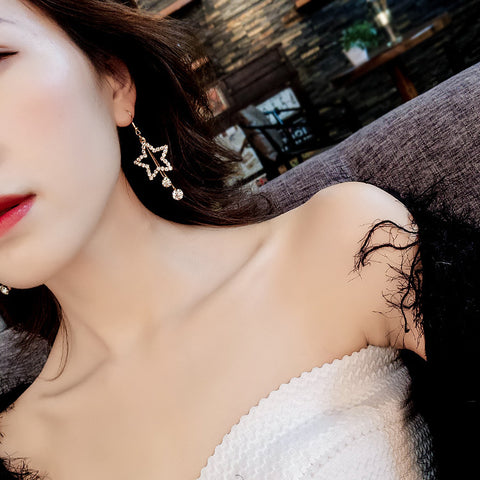 Arzonai Korean fashion temperament star pentagram earrings female net red super flash rhinestone earrings all-match long tassel earrings