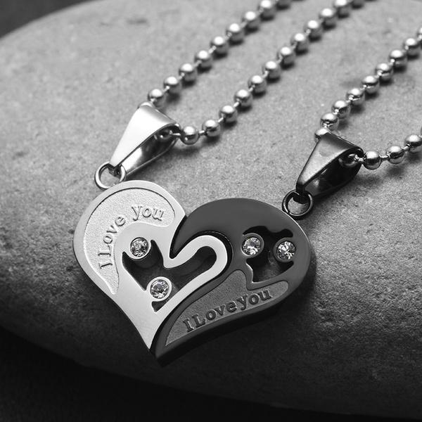 Arzonai 1Pair I Love You for Couple Iron Chain Black Heart Love Necklaces Fashion Trendy Paired Suspension Pendants