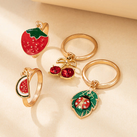 Arzonai  jewelry cute cartoon fruit element strawberry west ghost cherry 4-piece drip ring