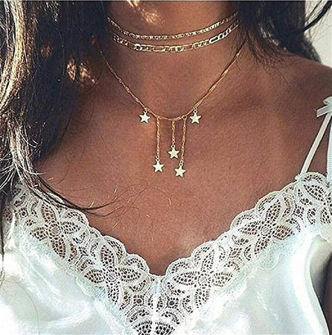 Arzonai  Land Multilayer Choker Tassels Star Pendant Necklace for Women Girls