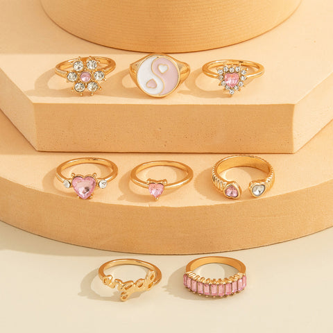Arzonai fashion Yin Yang gossip pink full diamond flower letter love ring set 8pCs/Set