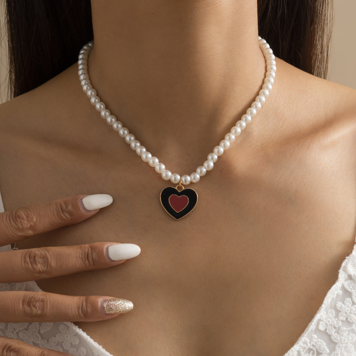 Arzonai Pearl Necklace Double Heart Necklace For Women and Girls