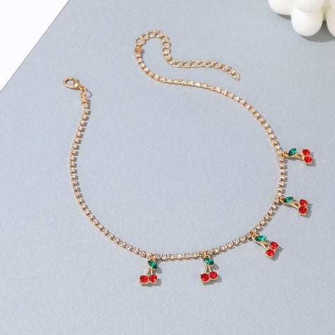 Arzonai Cherry Necklace Hip Hop Tennis Chain Cherry Pendant Collar Small Fresh Single Row Micro-studded Necklace