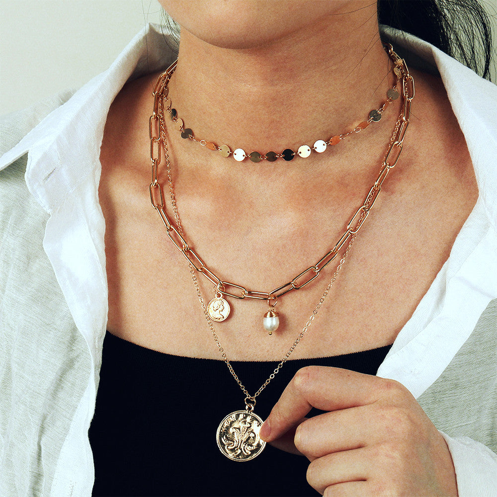 Arzonai Mulsanne head geometric pearl multi-layer pendant necklace retro necklace bohemian ins same style