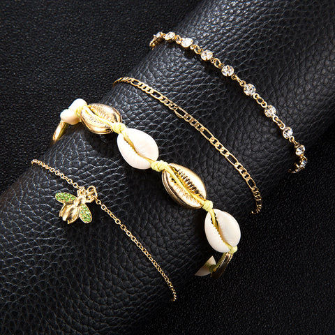 Arzonai new beach women's anklet, shell braided diamond chain, full diamond bee pendant, multi-layered foot ornament