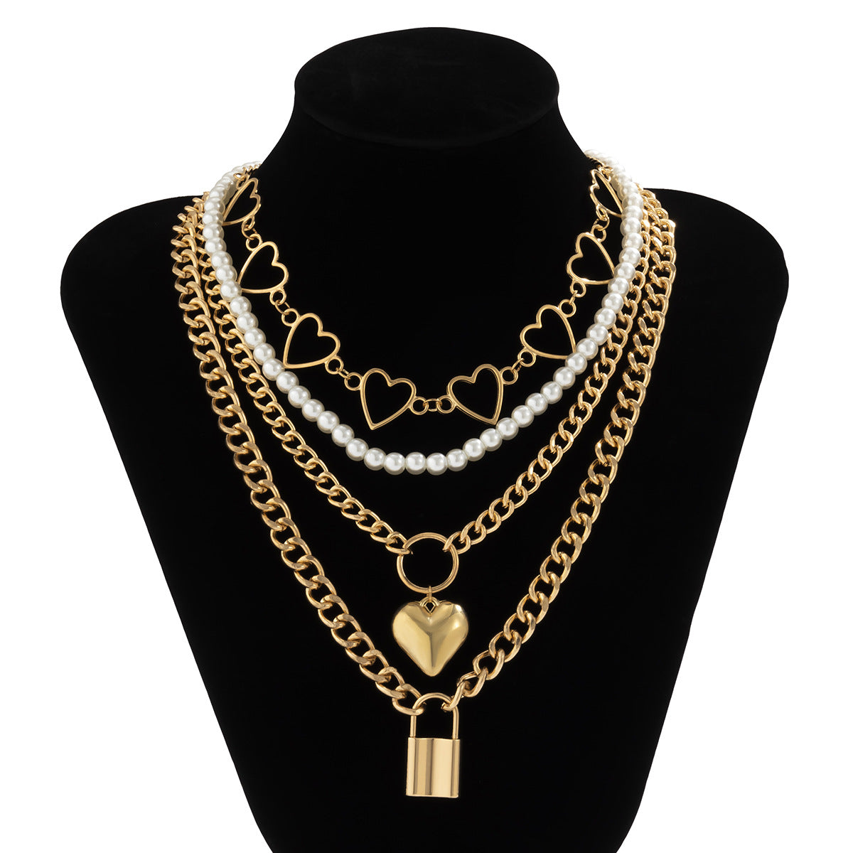 Arzonai hip-hop metal chain love hollow collarbone necklace retro imitation pearl lock pendant necklace female