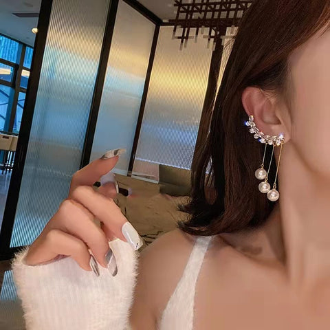 Arzonai New light luxury fashion net red temperament earrings needle trendy design zircon tassel long pearl earrings