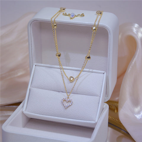 Arzonai Double-layer love set chain gold flashing diamond zircon clavicle chain niche design temperament necklace female Japanese and Korean fashion accessories