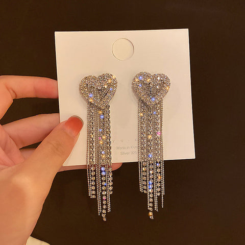 Arzonai 925 silver needle Korean temperament full diamond love earrings long tassel earrings fashion trendy net red exaggerated earrings female