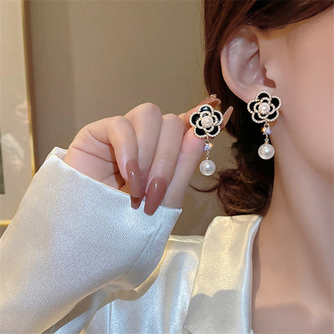 Arzonai New camellia  pearl flower earrings female Korean temperament French court style  earrings tide