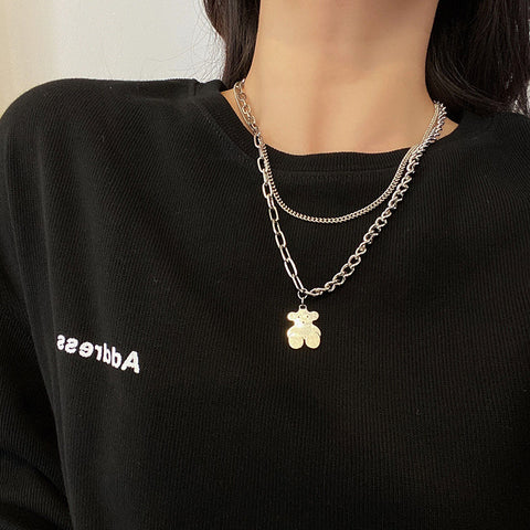 Arzonai Hip Hop Fashion Asymmetric Double Necklace Personality Retro Bear Pendant Necklace Temperament Trendy Short Sweater Chain