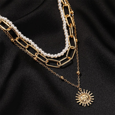 Arzonai new product personality 3-layer sun necklace female personality pearl thick chain multi-layer long Chain Necklace for Women and Girls