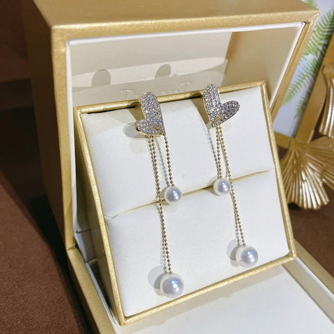Arzonai diamond love earrings Korean ins style fashion pearl tassel earrings net celebrity temperament design earrings women and Girls