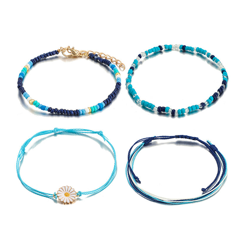 Arzonai  new hand-woven cord color rice beads flower bracelet daisy cord bracelet 4-piece set