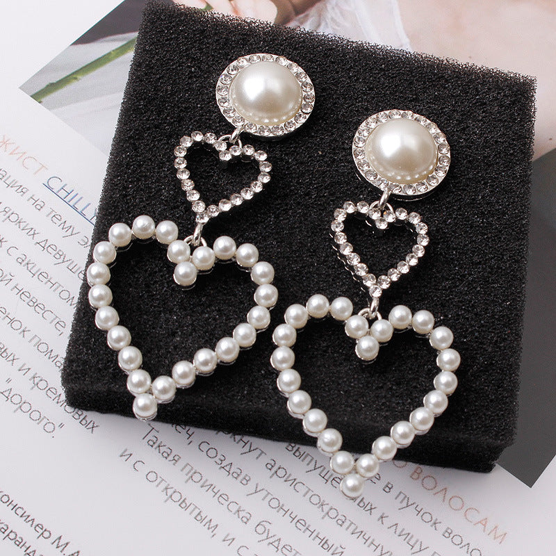 Arzonai Crystal Dangle Earrings for Women Gift Temperament Heart Shape Full Diamond Pearl