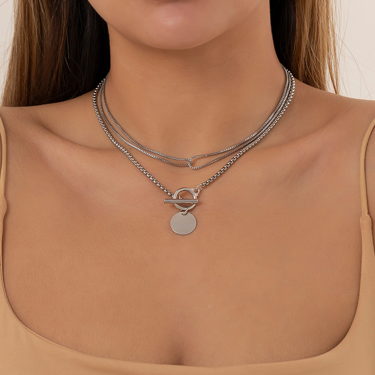 Arzonai French temperament stacking box chain metal retro necklace geometric simple double-layer OT buckle sequin clavicle chain