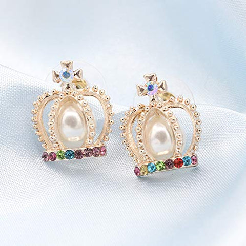 ARZONAI Crown Retro Non-precious Metal and Pearl Stud Earrings for Women & Girls, Golden