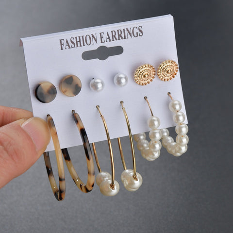 Arzonai European and American jewelry stitching C-shaped acetate plate leopard print combination earring set earrings female pearl earring