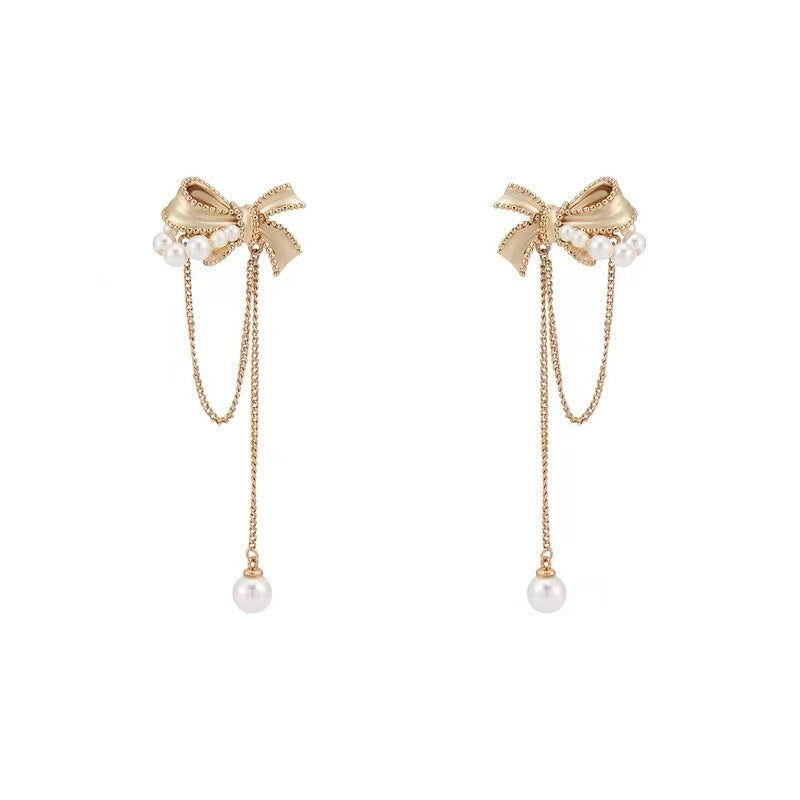 Arzonai bow earrings long tassel earrings temperament Korean exquisite pearl spot gold for Women and Girls