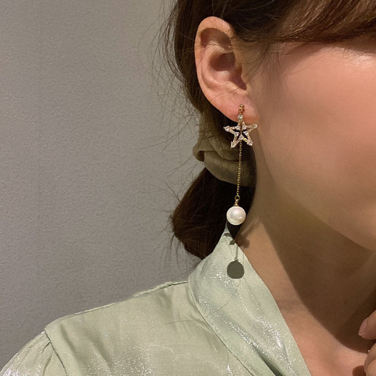 Arzonai Korean temperament simple and versatile long pentagram earrings personality hipster pearl earrings ins niche ear jewelry