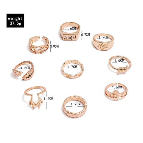 Arzonai  fashion personality geometric ring Baby Angel antler mesh thorn leaf joint ring 9-piece set