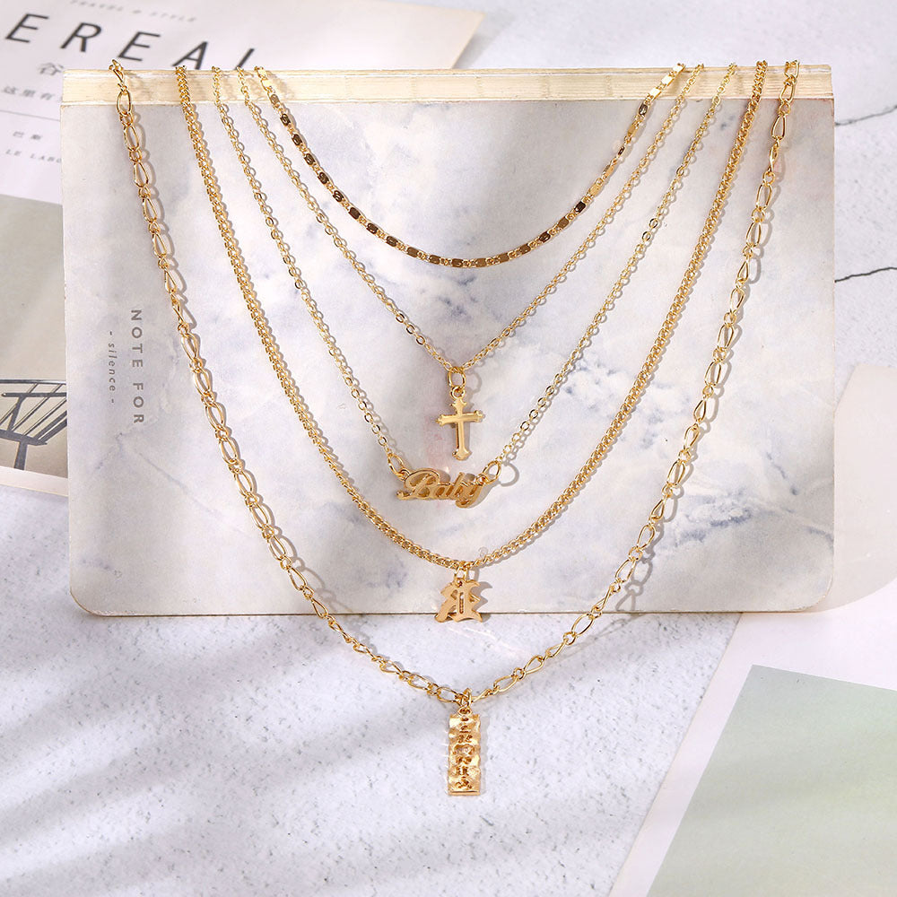 Arzonai Baby fashion letter necklace retro metal cross multi-layer chain necklace