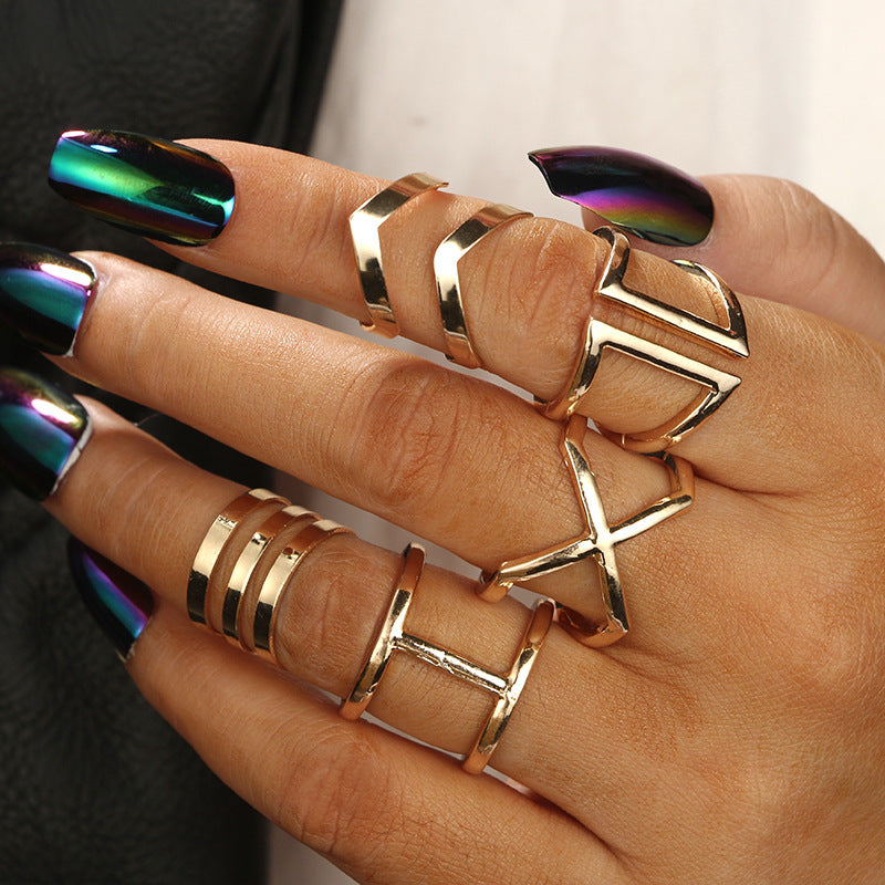 Arzonai new alloy cross knuckle geometric ring 5-piece set jewelry
