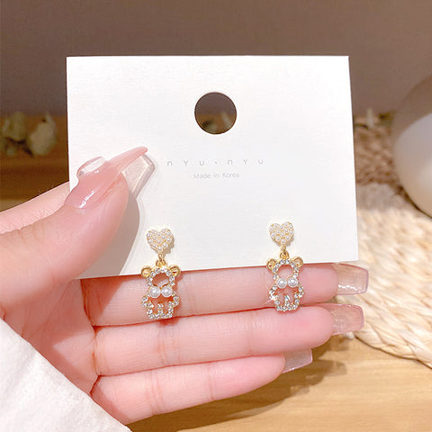 Arzonai Pearl love bear earrings female ins tide sweet and cute style simple fashion earrings net celebrity temperament earrings for women and Girls