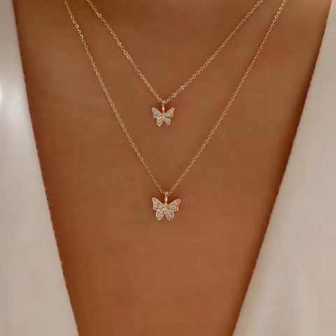 Arzonai  simple new product double-layer butterfly small diamond design temperament fashion necklace clavicle chain two-piece set