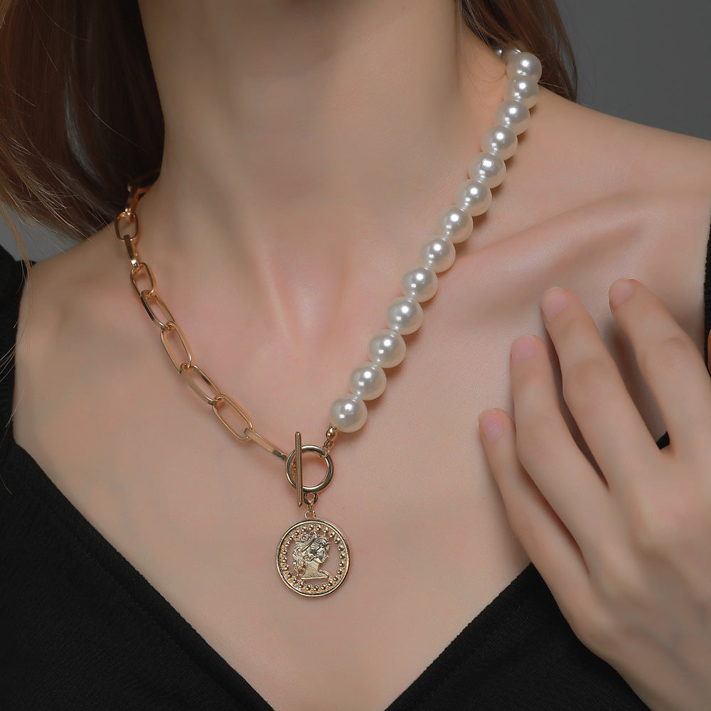 Arzonai Cross-border new accessories trend chain pearl necklace European and American style retro coin pendant clavicle chain women's necklace