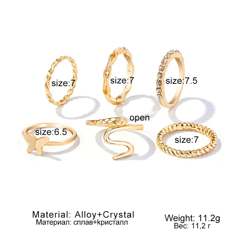 Arzonai Alloy opening adjustment ring 6-piece set European and American cross-border new butterfly snake ring ring set