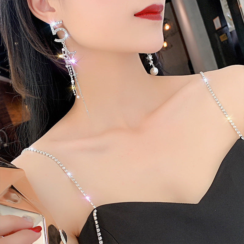 Arzonai 5 Star European and American earrings 2022 new trendy stars, long tassel pearl earrings, feminine temperament, super fairy, exaggerated personality for women and Girls-silver