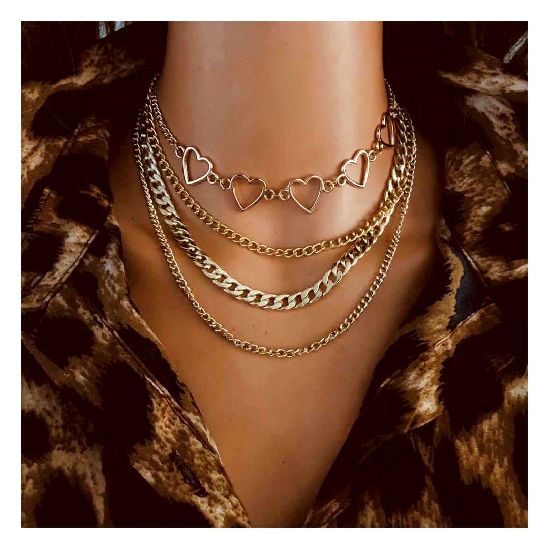 Arzonai Vintage Multi-Layered Love Heart Pendant Choker Necklace Set Boho Golden Stars Long Chain Necklaces Women