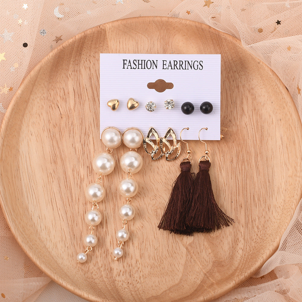 Arzonai long pearl tassel earring set simple and versatile peach heart rhinestone earring set wholesale