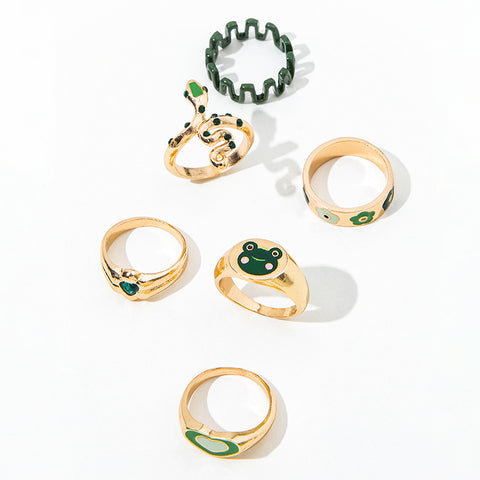 Arzonai European and American retro green flower jewelry ring snake-shaped love emerald diamond frog 6-piece ring female