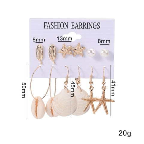 Arzonai  explosive alloy starfish leaf earrings set simple beach style shell pearl earrings 6-piece set