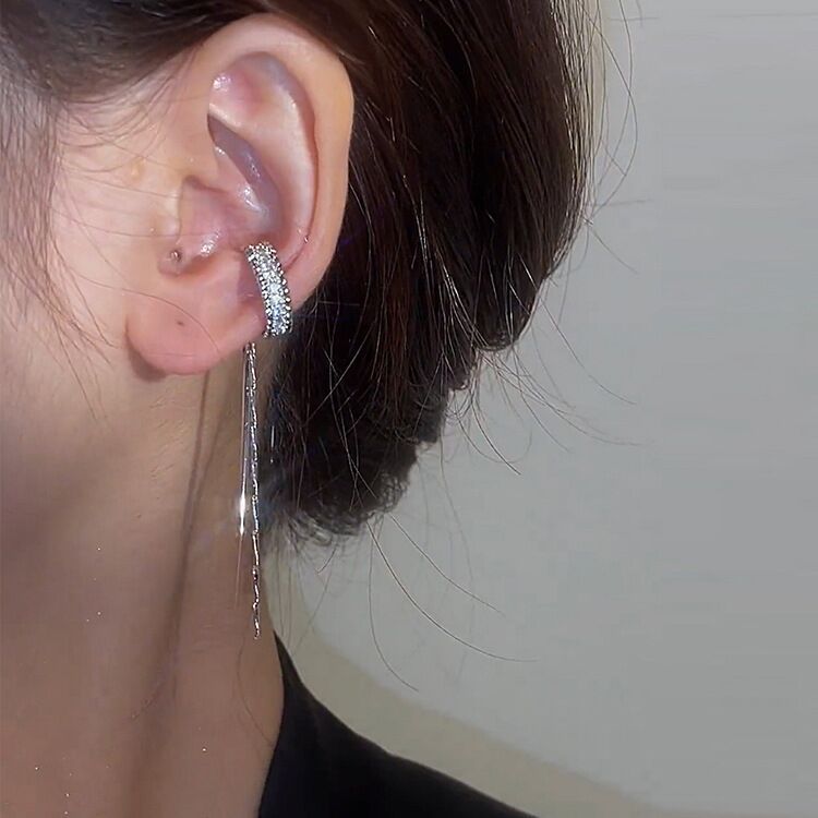 Arzonai micro-inlaid zircon C-shaped long tassel ear clip bone female niche design simple ear bone without ear hole (2pcs/1Pair)-silver