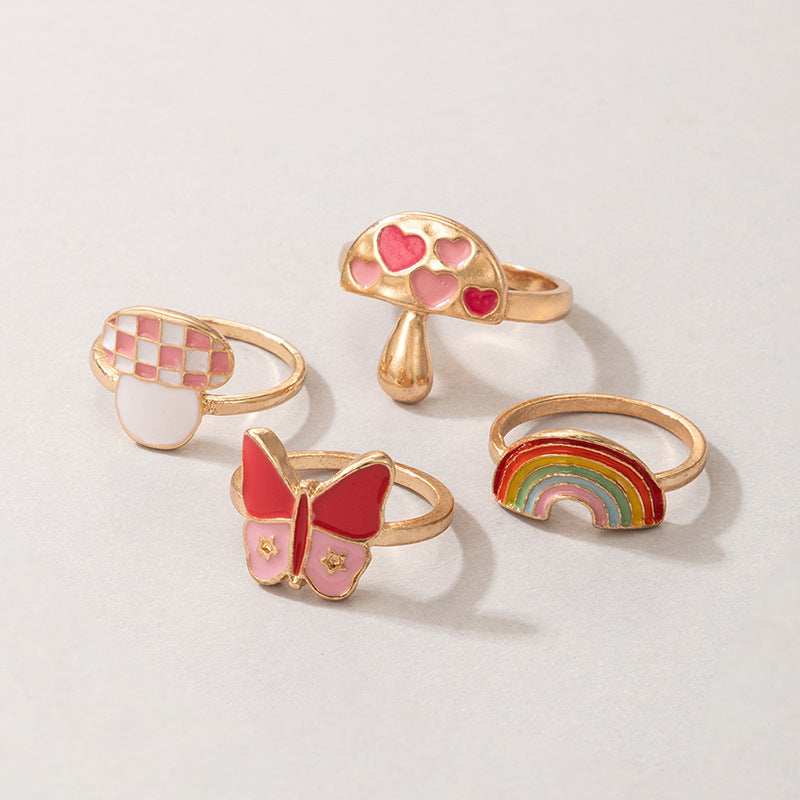 Arzonai  ring cute sweet ins wind mushroom rainbow love pink butterfly drip oil 4-piece ring