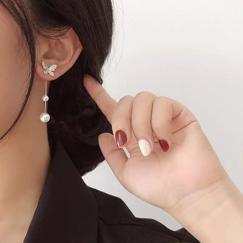 Arzonai South Korea's new butterfly earrings long pearl earrings tassel earrings temperament face thin earrings Dongdaemun earrings