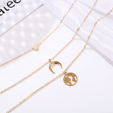 Arzonai Love Crescent Map Pendant Multilayer Necklace Creative Retro Alloy Metal Clavicle Chain