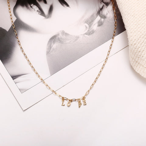 Arzonai new gold alloy clavicle chain creative retro simple English letters LOVE pendant necklace for women and Girls