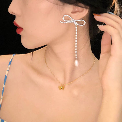 Arzonai Net red new all-match girl bright diamond bow natural pearl earrings women's temperament long earrings earrings light luxury