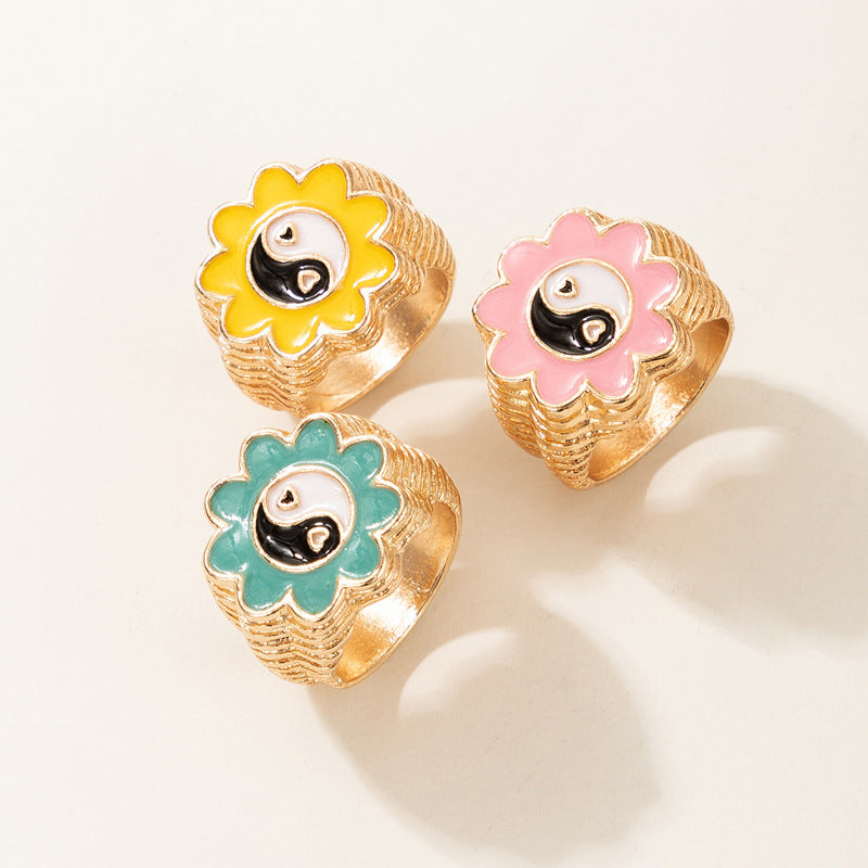 Arzonai Japanese and Korean new simple fashion flower gossip ring set ins style cute and fun Tai Chi ring 3-piece set