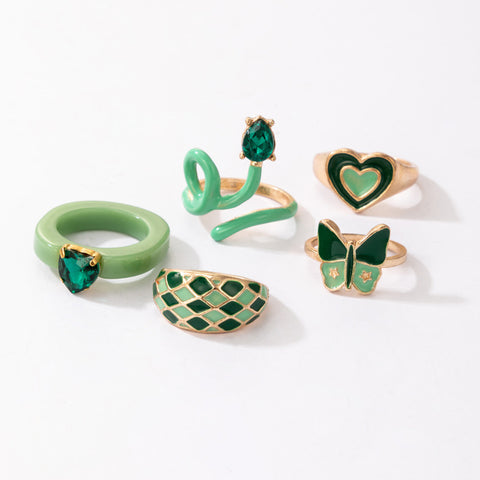 Arzonai ins wind small fresh green butterfly snake double love diamond 5-piece ring