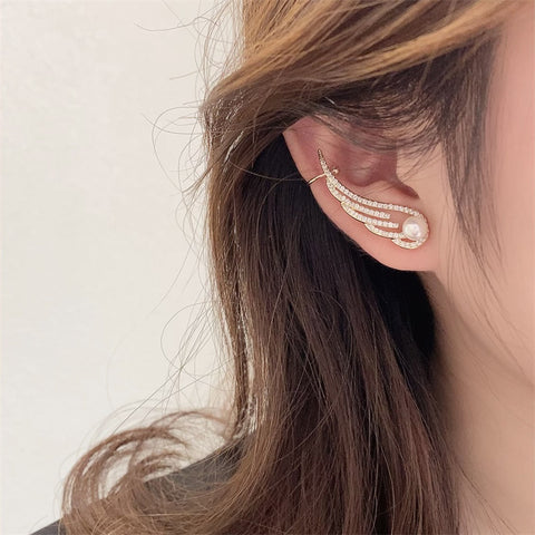 Arzonai Explosive diamond-encrusted angel wings pearl earrings ear clips women's earless ear bone clip high-end light luxury ins earrings