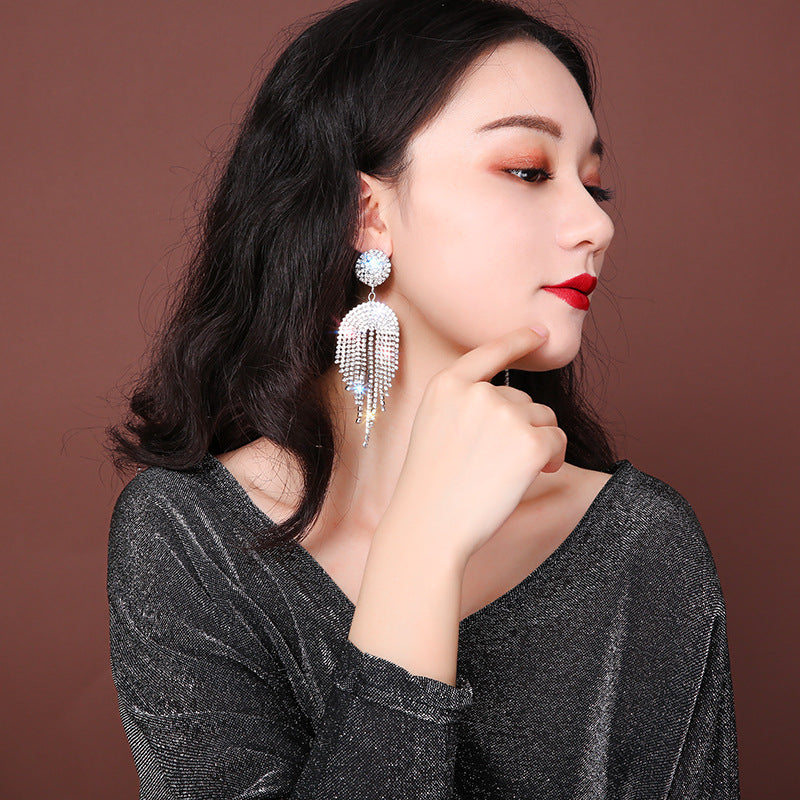 Arzonai Earrings female 2022 new trendy luxury rhinestones exaggerated long tassel earrings European and American fashion net red temperament earrings for women and Girls