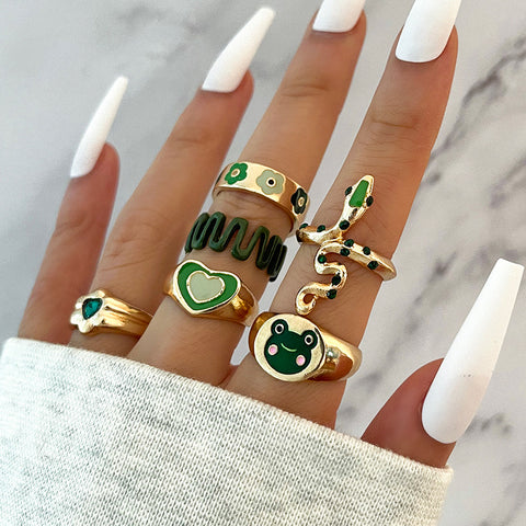 Arzonai European and American retro green flower jewelry ring snake-shaped love emerald diamond frog 6-piece ring female